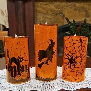 Halloween LED Flameless Orange Plastic Pillar Candles Original Packaging